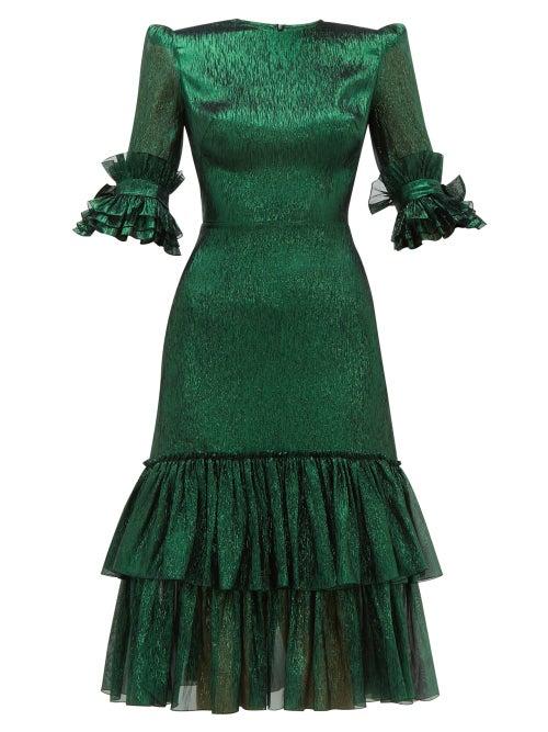 Matchesfashion.com The Vampire's Wife - The Veneration Tiered Silk Blend Lam Dress - Womens - Dark Green