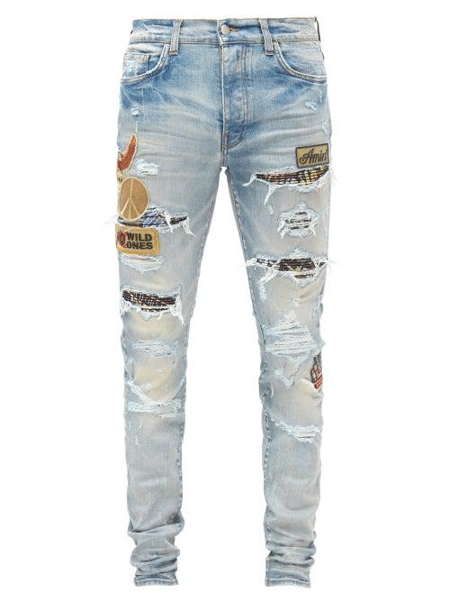 Matchesfashion.com Amiri - Biker Patch Distressed Skinny Jeans - Mens - Blue