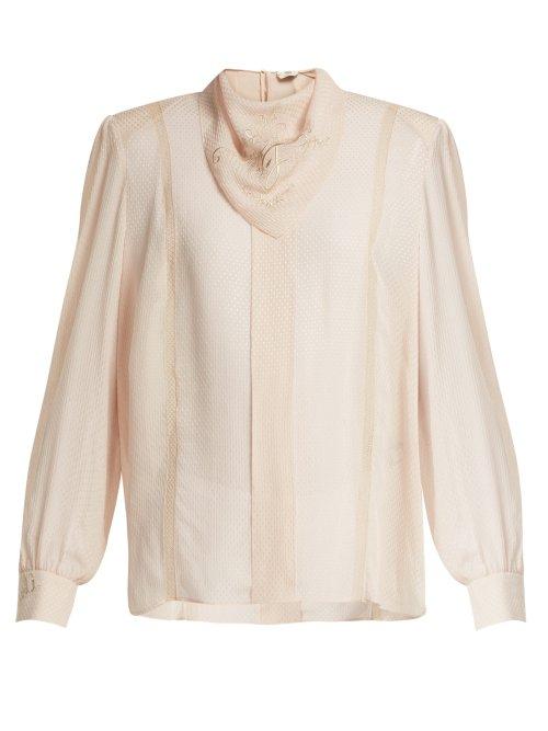 Matchesfashion.com Fendi - Logo Embroidered Voile Blouse - Womens - Beige