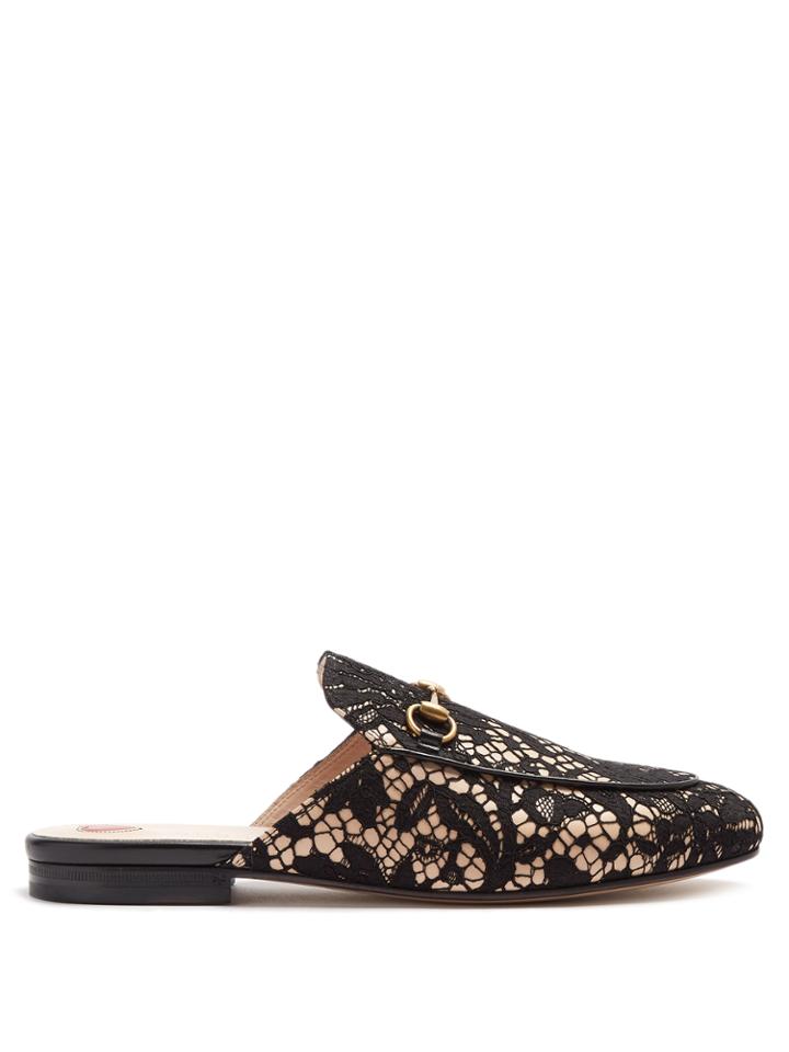 Gucci Princetown Floral-lace Backless Loafers