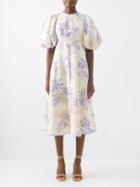 Zimmermann - Puff-sleeve Printed Linen Midi Dress - Womens - Ivory Multi