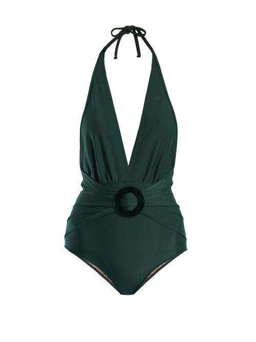 Matchesfashion.com Adriana Degreas - Halterneck Deep V Neck Swimsuit - Womens - Dark Green