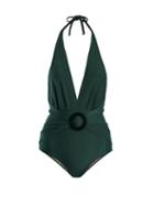 Matchesfashion.com Adriana Degreas - Halterneck Deep V Neck Swimsuit - Womens - Dark Green