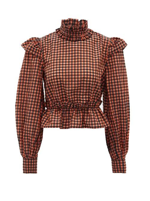 Matchesfashion.com Ganni - Gingham Ruffled-collar Poplin Blouse - Womens - Black Red