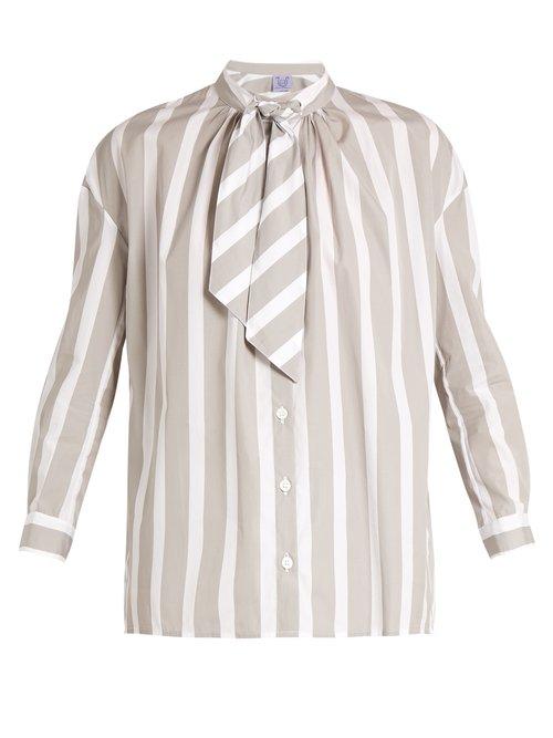 Matchesfashion.com Thierry Colson - Rowena Striped Tie Neck Cotton Poplin Shirt - Womens - Grey Multi