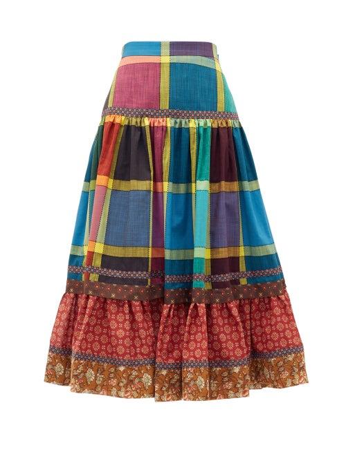 Matchesfashion.com Gucci - Madras-check Gathered A-line Cotton Midi Skirt - Womens - Blue Multi