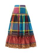 Matchesfashion.com Gucci - Madras-check Gathered A-line Cotton Midi Skirt - Womens - Blue Multi