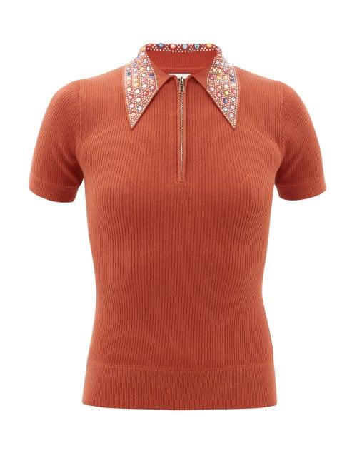 Matchesfashion.com Joostricot - Crystal-collar Cotton-blend Peachskin Polo Shirt - Womens - Brown