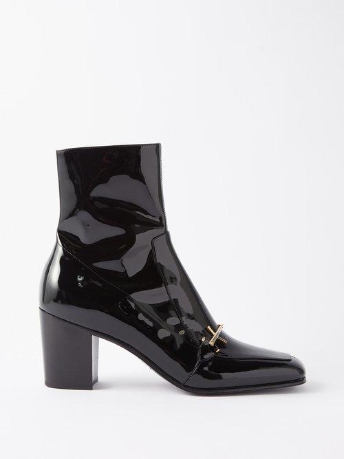 Saint Laurent - Beau 75 Horsebit Patent-leather Boots - Mens - Black