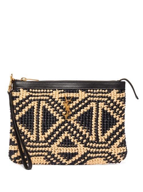 Matchesfashion.com Saint Laurent - Logo Plaque Patterned Macram Raffia Pouch - Womens - Black White