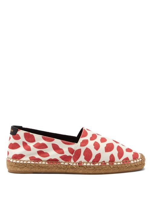 Saint Laurent - Lip-print Cotton-canvas Espadrilles - Womens - Red White