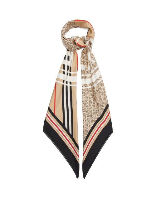 Burberry - Logo-print Tb And Icon-stripe Silk Scarf - Womens - Beige