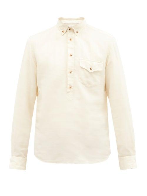 Matchesfashion.com Brunello Cucinelli - Button-down Collar Linen-blend Poplin Henley Shirt - Mens - Cream