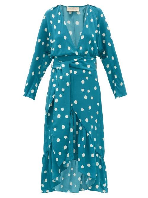 Matchesfashion.com Adriana Degreas - Polka Dot Print Silk Crepe Midi Dress - Womens - Blue Print