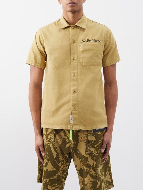 Aries - No Problemo-print Cotton Short-sleeved Shirt - Mens - Khaki