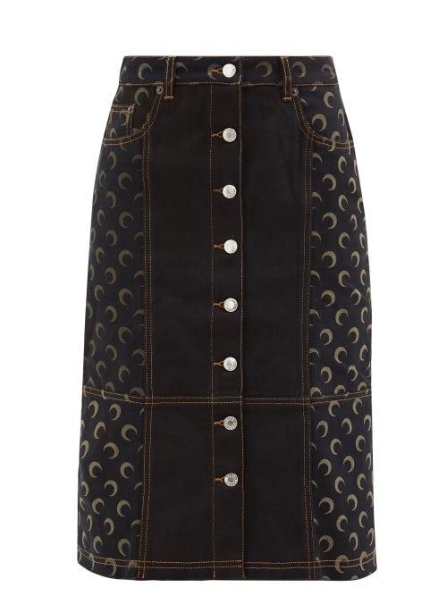 Marine Serre - Crescent Moon-print Recycled Denim Skirt - Womens - Black