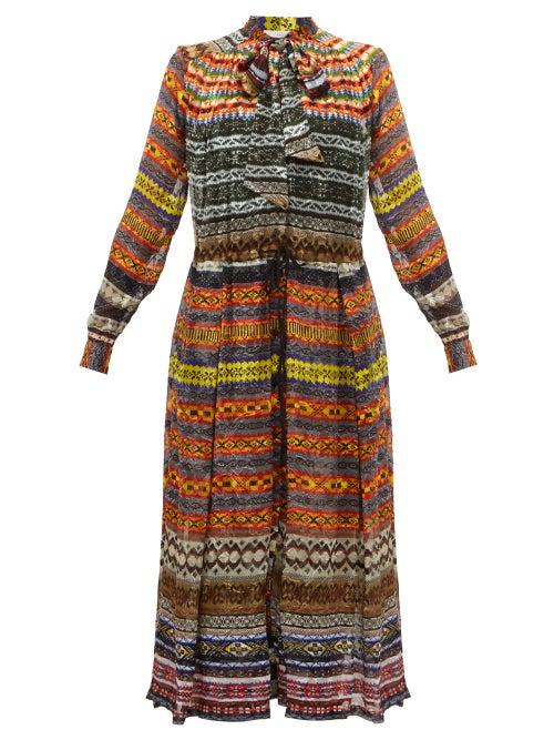 Matchesfashion.com Preen By Thornton Bregazzi - Caroline Fair Isle Print Crepe De Chine Midi Dress - Womens - Multi