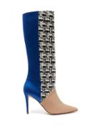 Matchesfashion.com Matty Bovan - X Gina Knee High Tweed And Satin Boots - Womens - Blue Multi