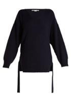 Matchesfashion.com Stella Mccartney - Curved V Neck Ribbed Knit Cashmere Blend Sweater - Womens - Navy