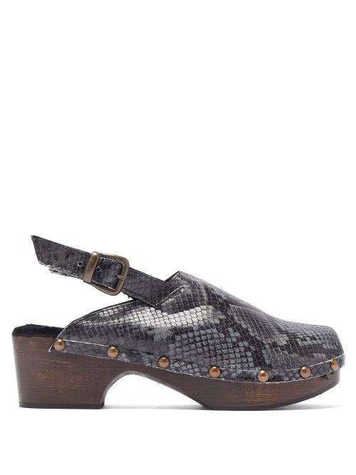 Matchesfashion.com Avec Modration - Ruka Snake Effect Leather And Shearling Clogs - Womens - Dark Grey