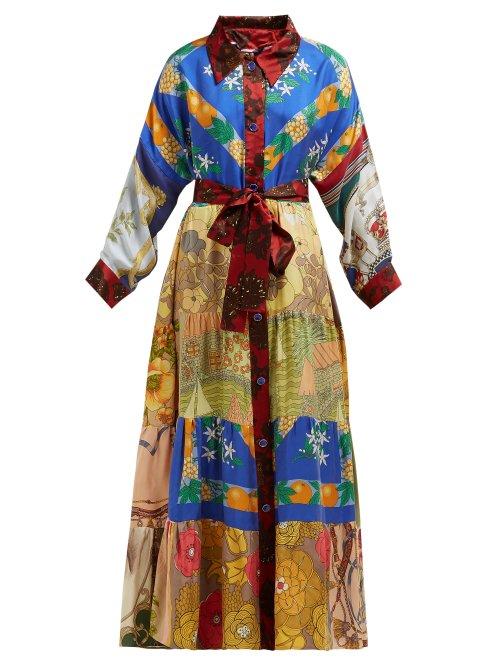 Matchesfashion.com Rianna + Nina - Vintage Patchwork Belted Silk Maxi Shirtdress - Womens - Multi