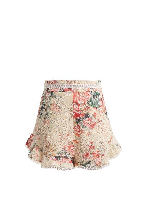Matchesfashion.com Zimmermann - Laelia Diamond Floral Print Cotton Shorts - Womens - Cream Multi