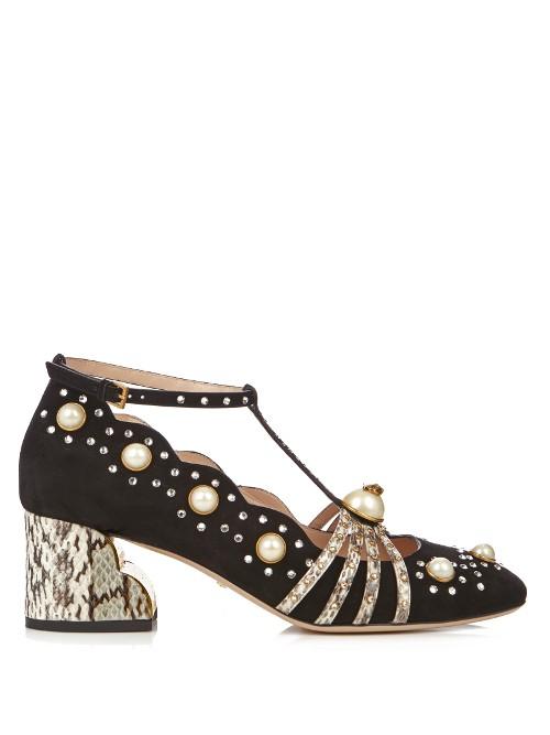 Gucci Ofelia Embellished Suede And Elaphe Pumps