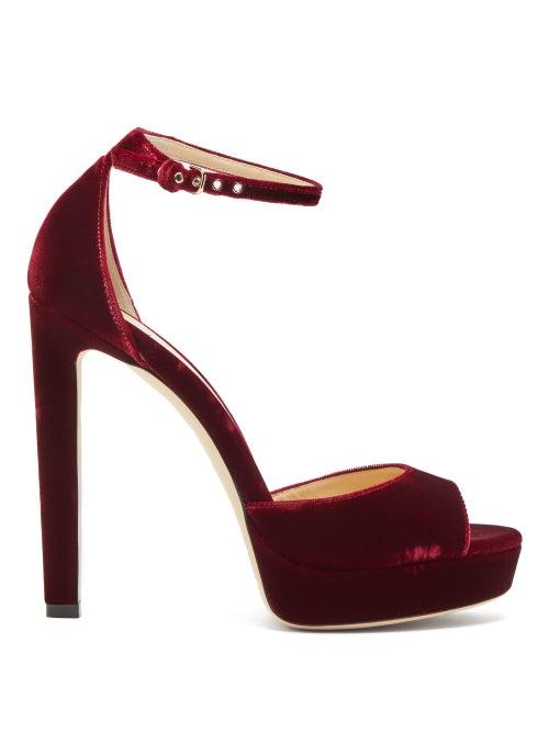 Matchesfashion.com Jimmy Choo - Pattie 130 Open Toe Velvet Platform Sandals - Womens - Burgundy