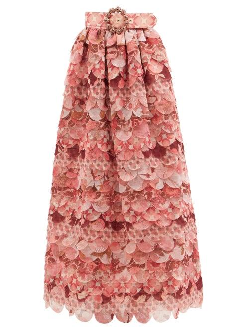Zimmermann - Concert Appliqud Printed-organza Maxi Skirt - Womens - Pink Print