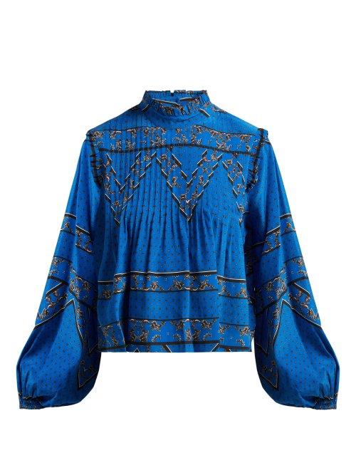 Matchesfashion.com Ganni - Cloverdale Printed Silk Blouse - Womens - Blue