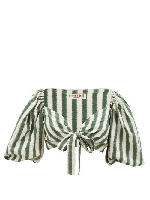 Emporio Sirenuse - Thaia V-neck Ikat-print Cotton Cropped Top - Womens - Green Stripe