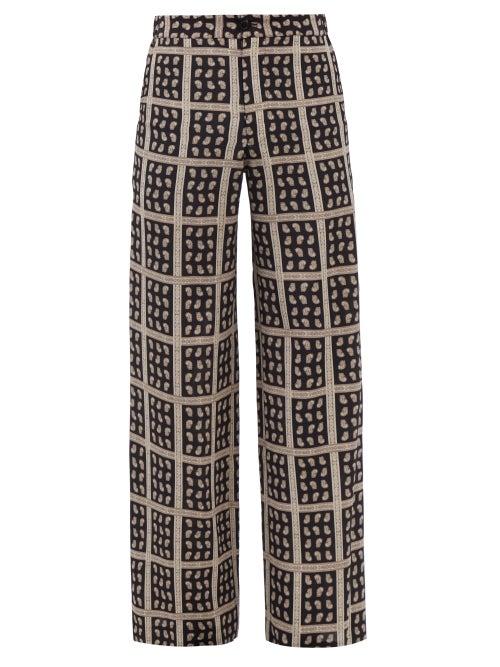 73 London - Paisley-print Silk-twill Wide-leg Trousers - Mens - Black Cream