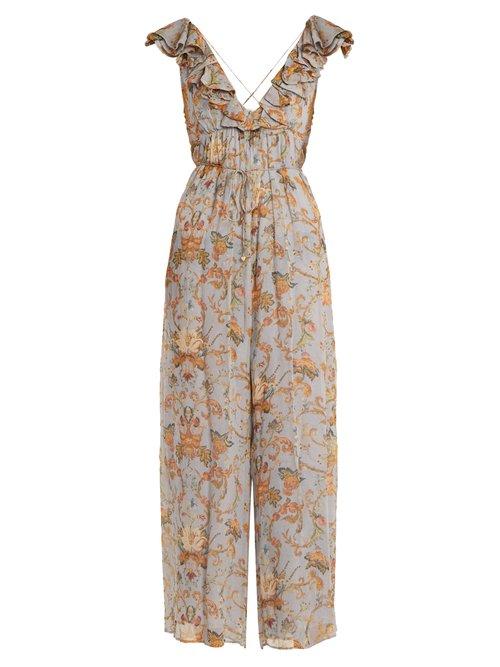 Matchesfashion.com Zimmermann - Painted Heart Floral Print Silk Jumpsuit - Womens - Grey Multi