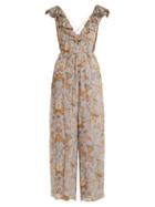 Matchesfashion.com Zimmermann - Painted Heart Floral Print Silk Jumpsuit - Womens - Grey Multi