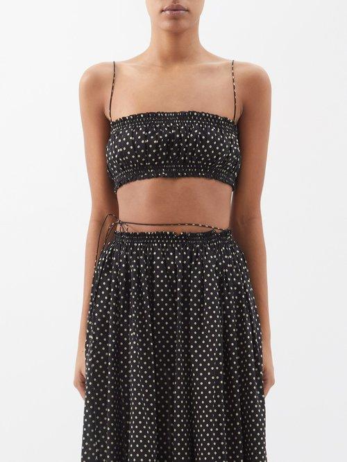 Matteau - Polka-dot Shirred Organic Cotton-blend Top - Womens - Black Print