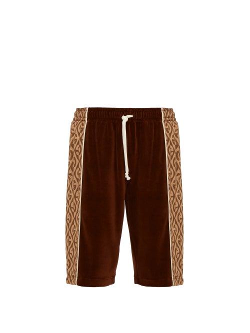 Matchesfashion.com Gucci - Logo Stripe Velour Shorts - Mens - Brown