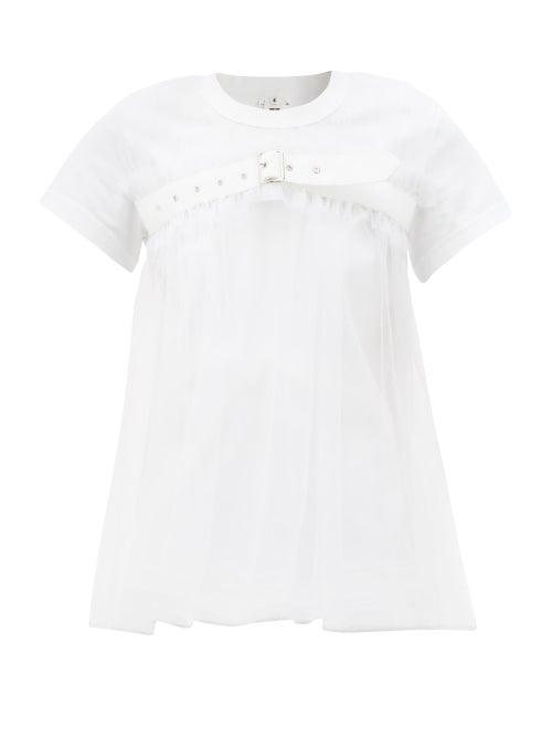 Matchesfashion.com Noir Kei Ninomiya - Strapped Tulle-panel Cotton-jersey T-shirt - Womens - White