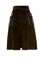 Matchesfashion.com Prada - Slit Front Leather Trimmed Cotton Corduroy Skirt - Womens - Dark Green