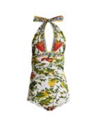 Matchesfashion.com Dolce & Gabbana - Halterneck Ruched Floral Print Swimsuit - Womens - Green Print