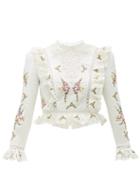 Matchesfashion.com Zimmermann - Allia Floral Cross Stitch Linen Blend Top - Womens - White