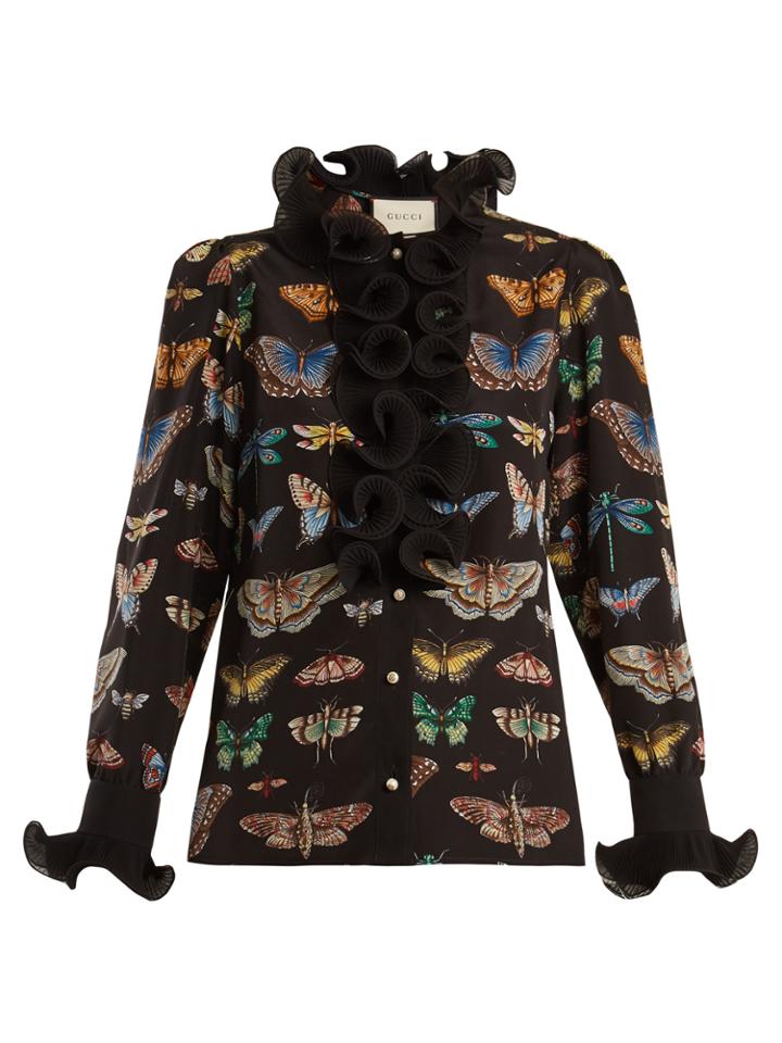 Gucci Butterfly-print Ruffled Silk Blouse