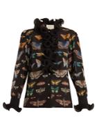 Gucci Butterfly-print Ruffled Silk Blouse