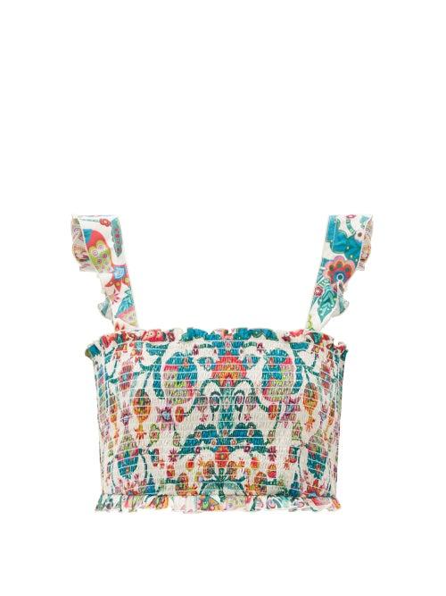 Matchesfashion.com La Doublej - Tree Of Life Bianco-print Cotton-blend Cropped Top - Womens - Blue Multi