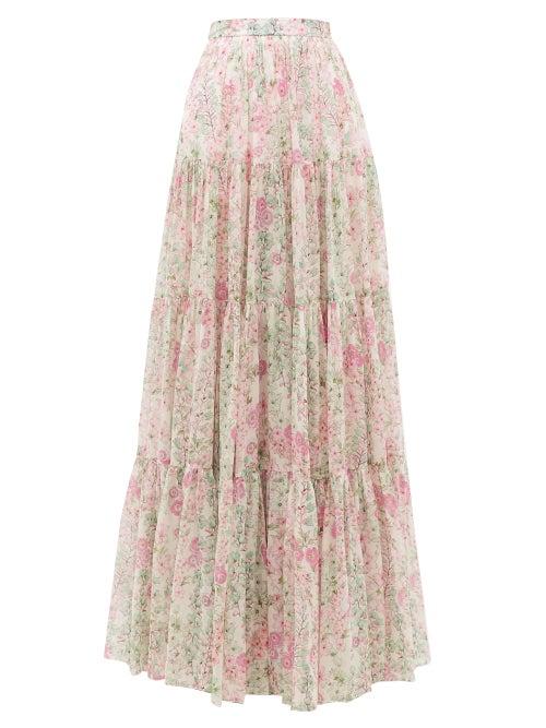 Matchesfashion.com Giambattista Valli - Tiered Floral-print Silk Maxi Skirt - Womens - Ivory Multi