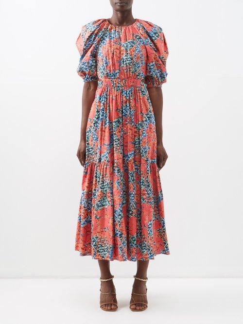 Ulla Johnson - Claire Gathered Printed-cotton Midi Dress - Womens - Red Multi
