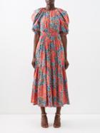 Ulla Johnson - Claire Gathered Printed-cotton Midi Dress - Womens - Red Multi