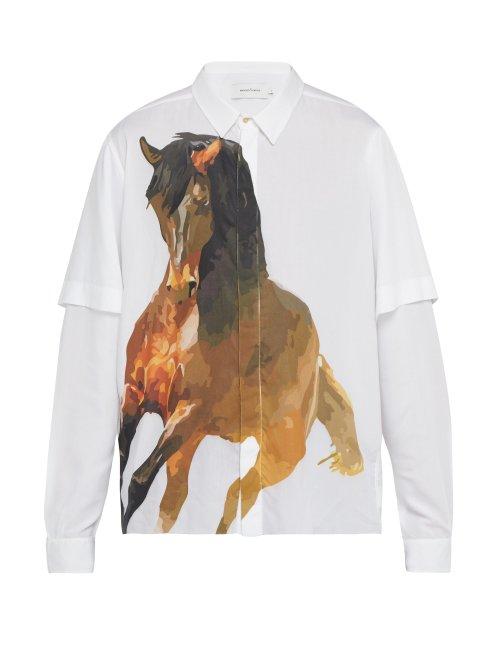 Matchesfashion.com Marques'almeida - Layered Sleeve Horse Print Cotton Shirt - Mens - White