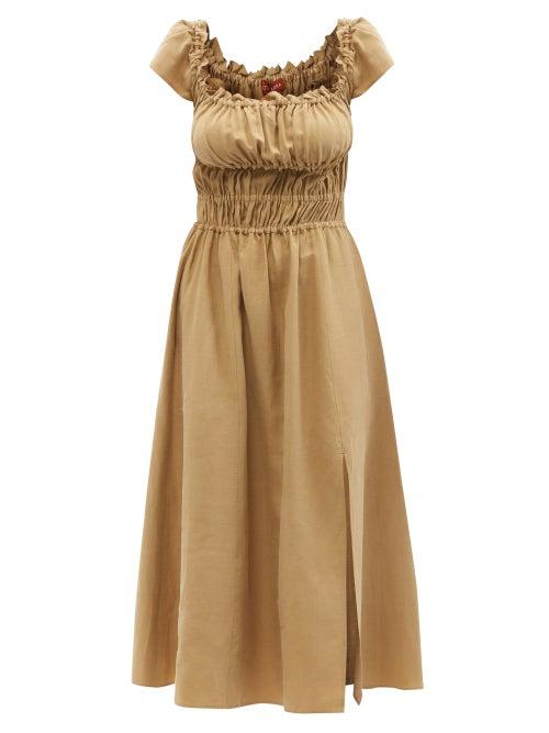 Ladies Rtw Altuzarra - Daisy Elasticated-waist Twill Midi Dress - Womens - Beige