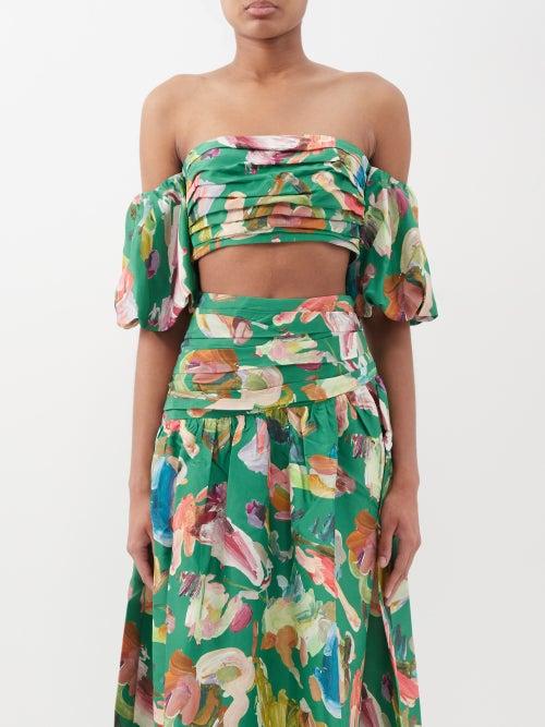 Ale Mais - Arlo Printed Off-the-shoulder Silk Top - Womens - Green Multi