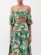 Ale Mais - Arlo Printed Off-the-shoulder Silk Top - Womens - Green Multi